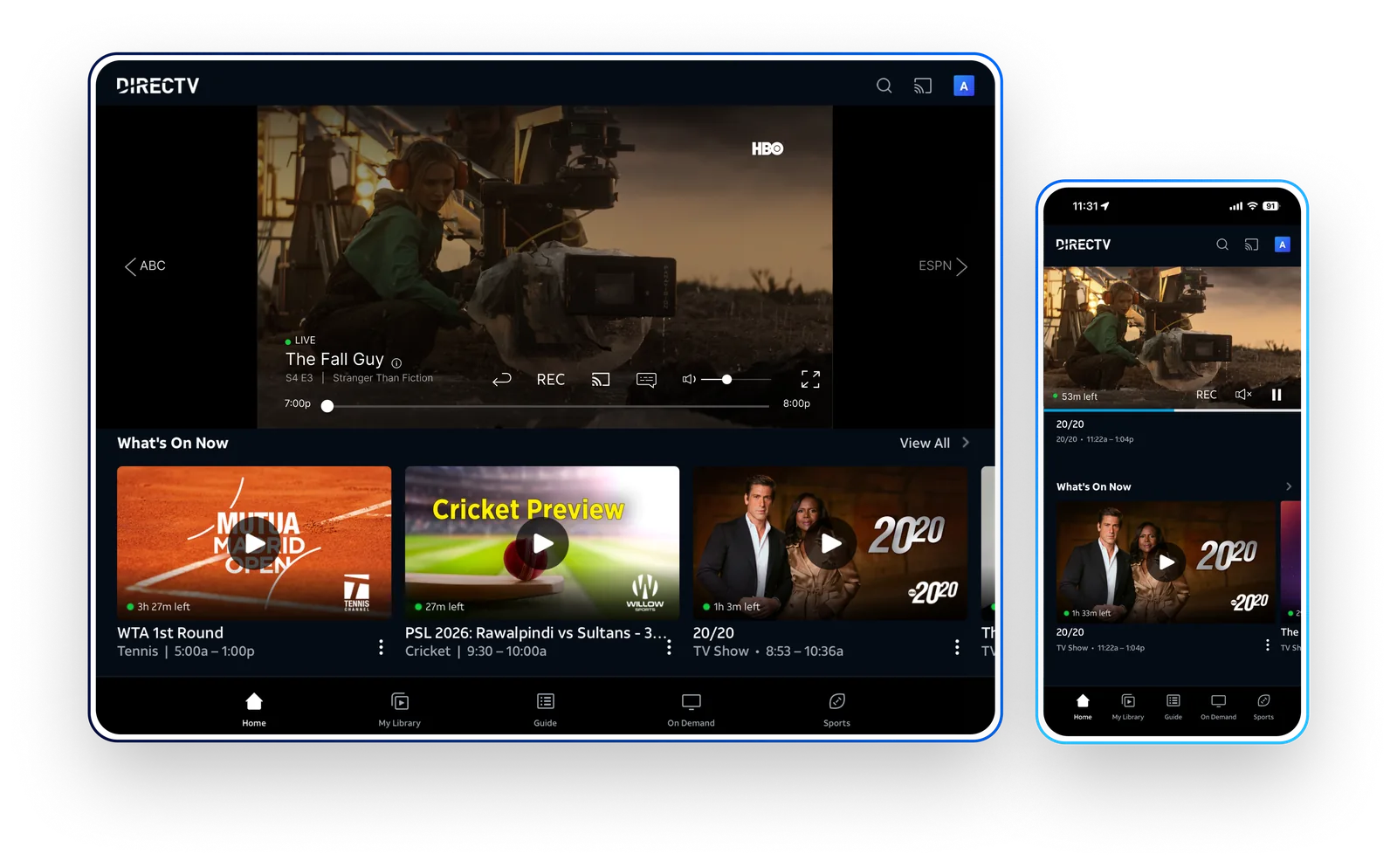 DIRECTV Stream on a TV, tablet and phone
