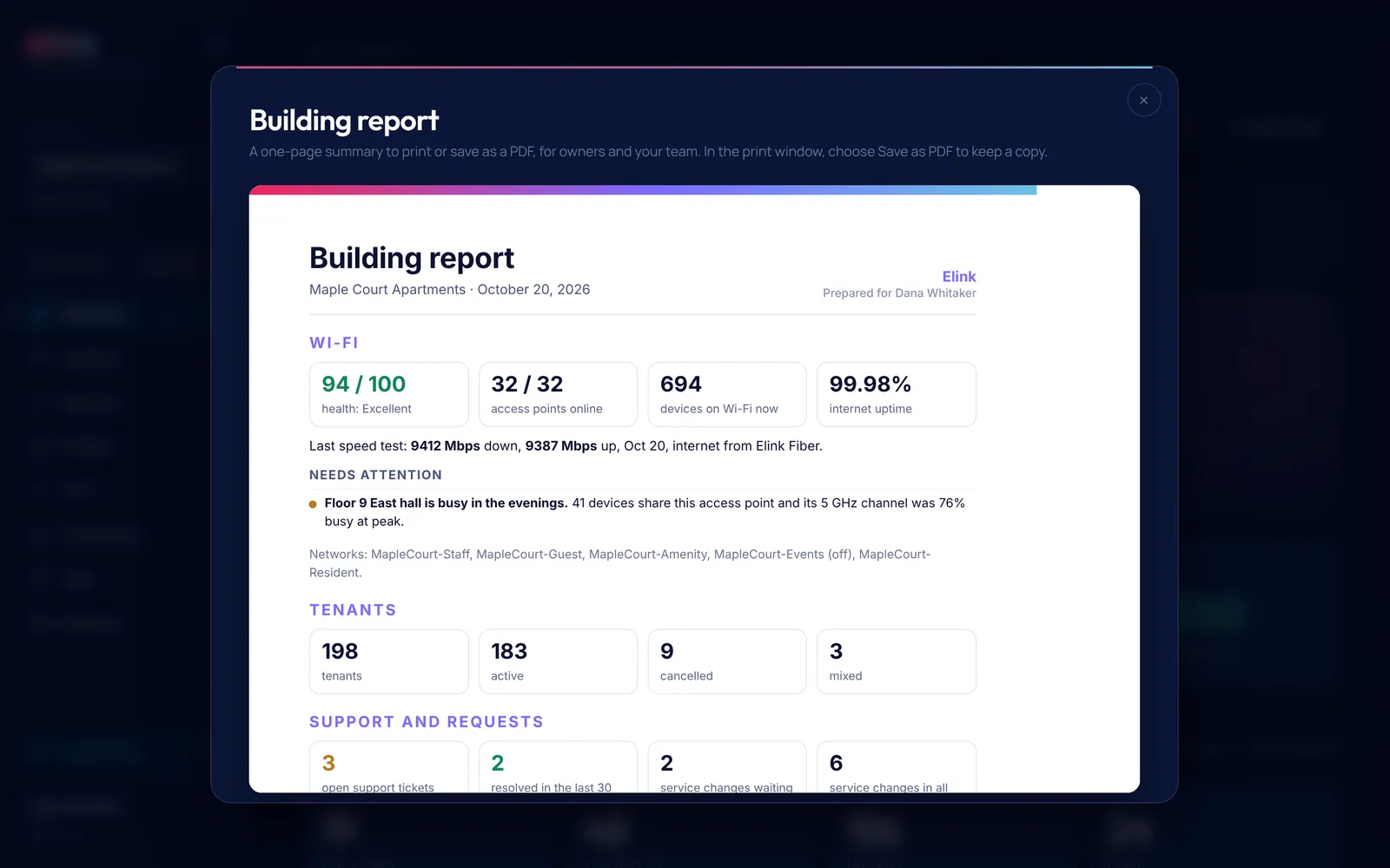 One-page Building report with the Wi-Fi health score, access points and open items
