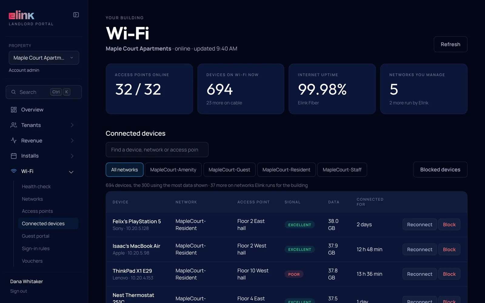 Connected devices list with Reconnect and Block buttons