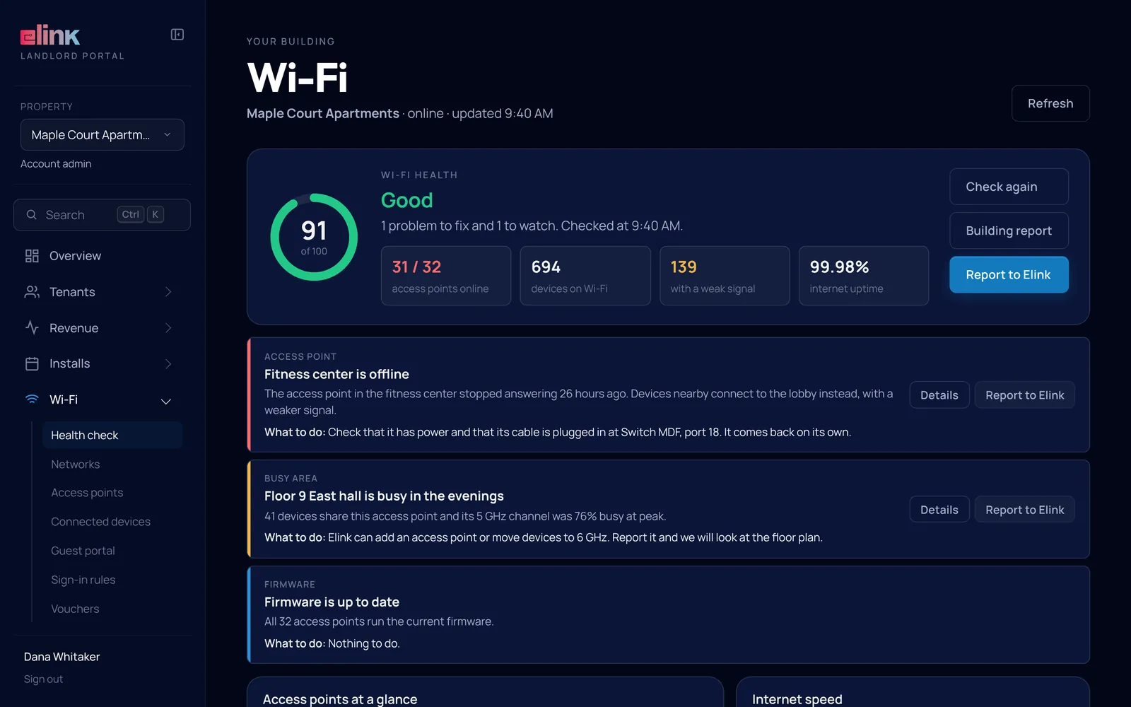 Wi-Fi health check in the Elink landlord portal with a score of 91 out of 100