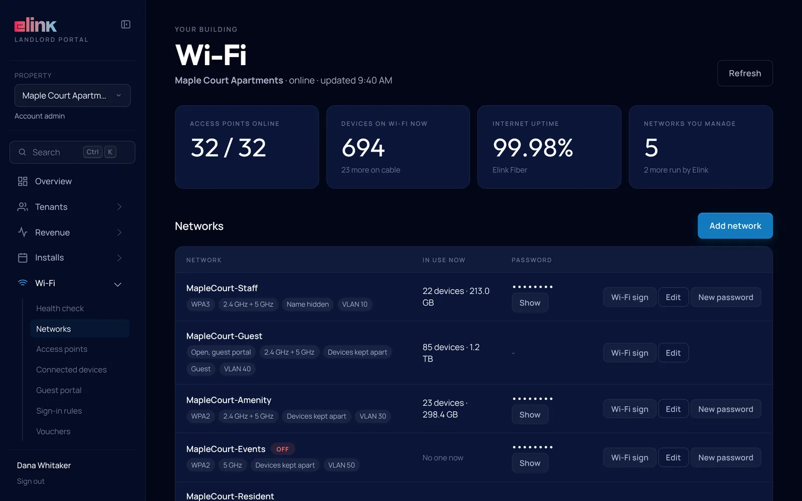 Wi-Fi networks page with password, edit and Wi-Fi sign buttons