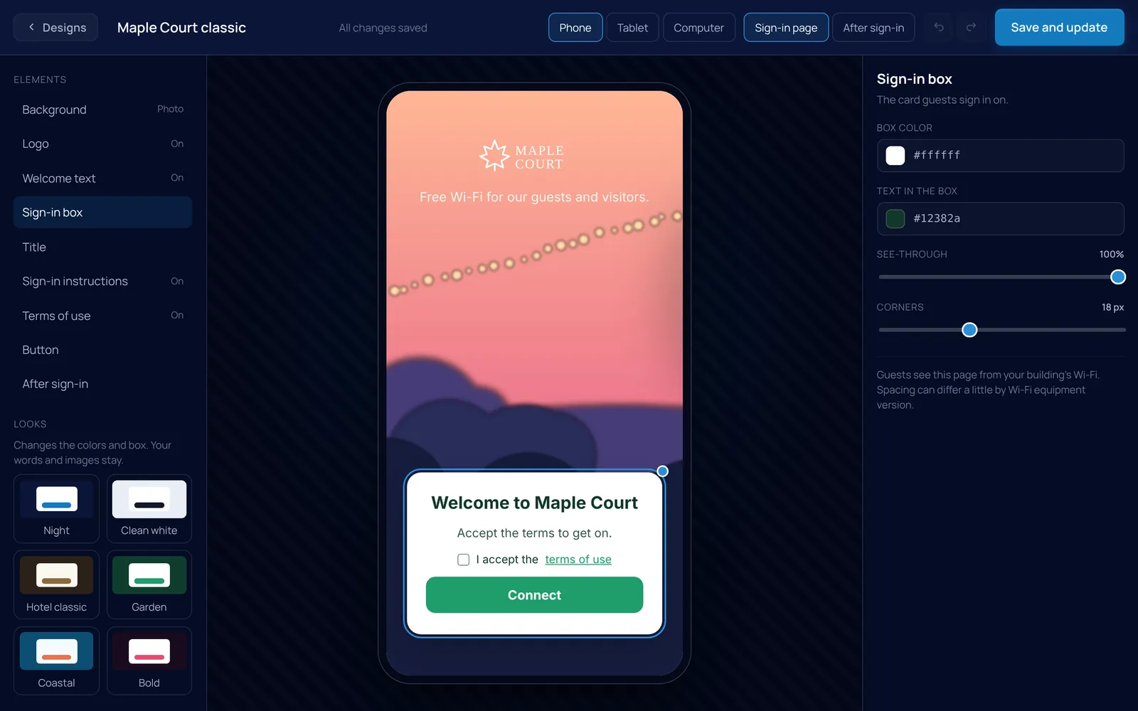 Guest sign-in page builder with a phone preview