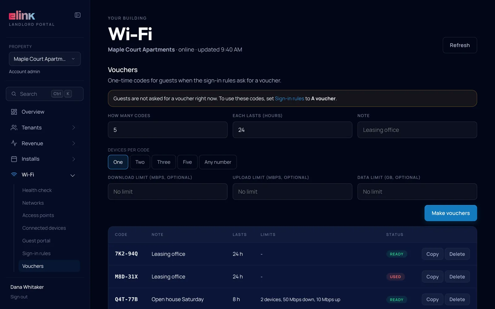 Voucher codes with time, device and data limits