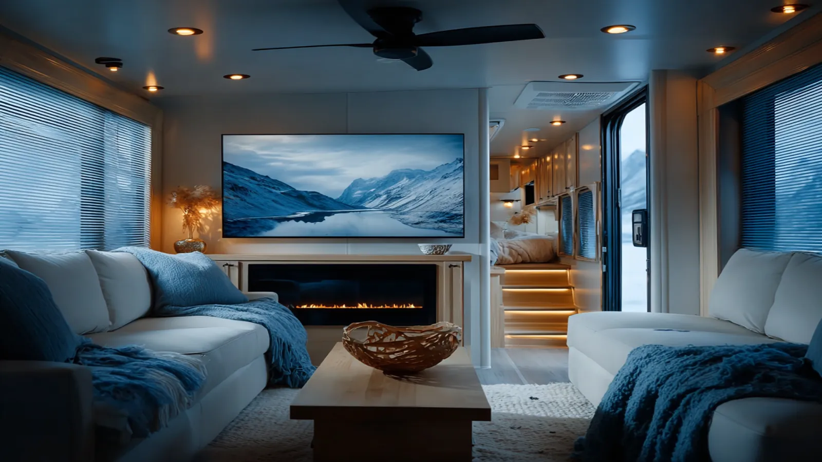 TV on the wall inside a modern RV